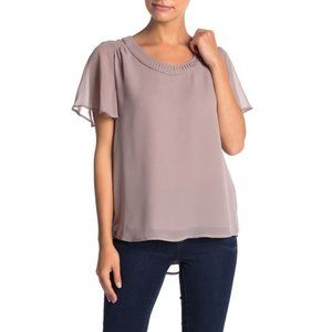 PLEIONE Pleated Flutter Sleeve Chiffon Blouse sz S